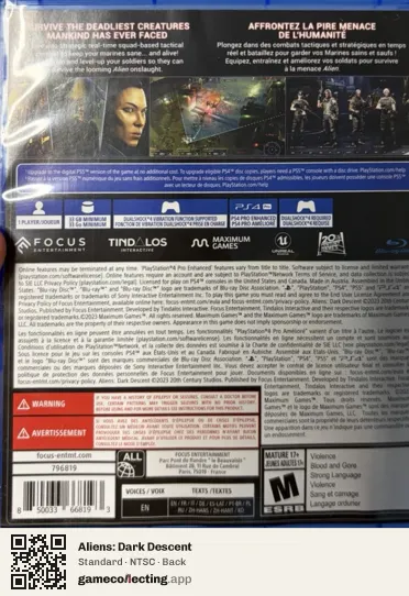 Aliens: Dark Descent PlayStation 4, NTSC box back