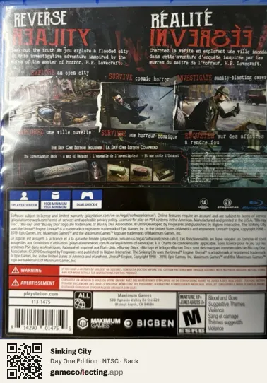 Sinking City PlayStation 4, NTSC box back