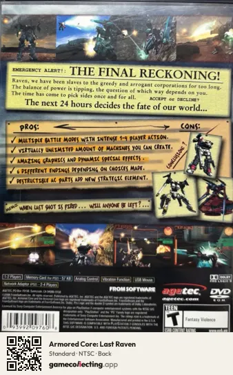 Armored Core: Last Raven PlayStation 2, NTSC box back
