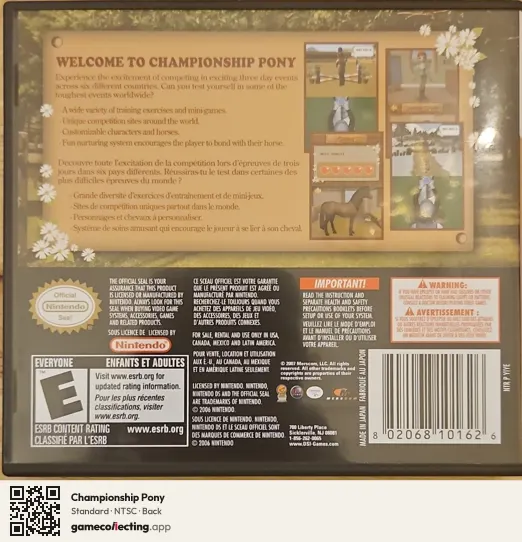 Championship Pony Nintendo DS, NTSC box back