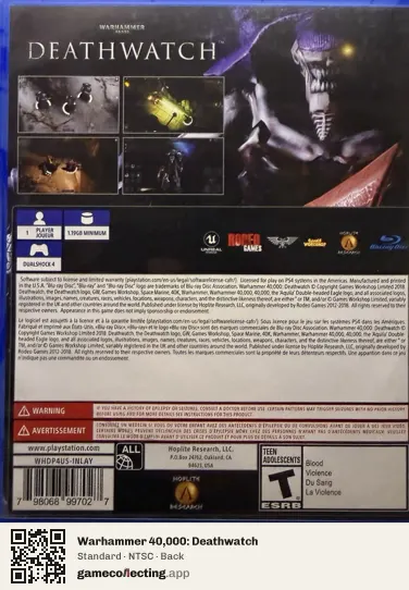 Warhammer 40,000: Deathwatch PlayStation 4, NTSC box back