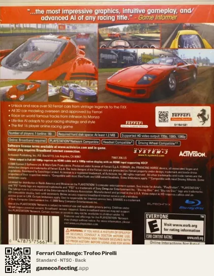 Ferrari Challenge: Trofeo Pirelli PlayStation 3, NTSC box back