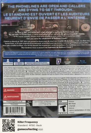 Killer Frequency PlayStation 4, NTSC box back