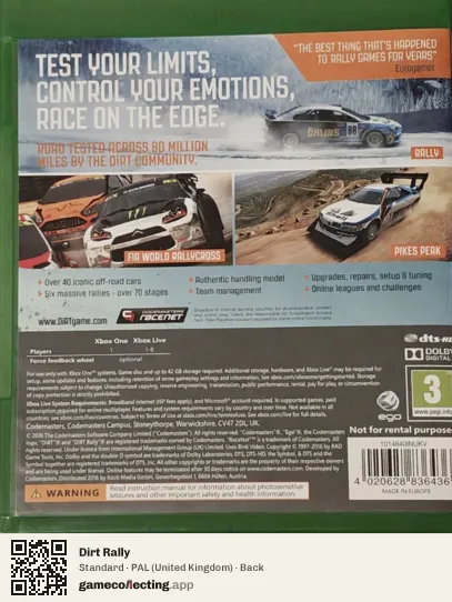 Dirt Rally Xbox One, United Kingdom box back