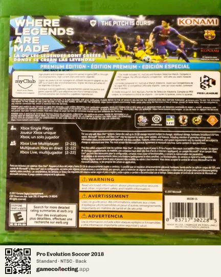 Pro Evolution Soccer 2018 Xbox One, NTSC box back