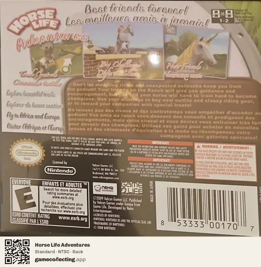 Horse Life Adventures Nintendo DS, NTSC box back