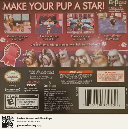 Barbie: Groom and Glam Pups Nintendo DS, NTSC box back