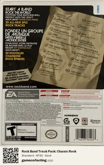 Rock Band Track Pack: Classic Rock Nintendo Wii, NTSC box back