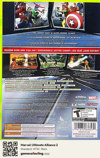 Marvel: Ultimate Alliance 2 Xbox 360, NTSC box back