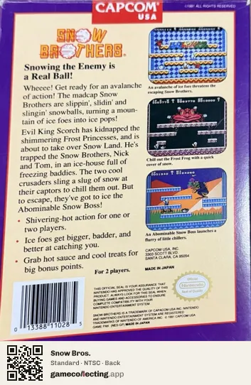 Snow Bros. Nintendo Entertainment System, NTSC box back