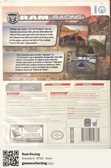 Ram Racing Nintendo Wii, NTSC box back
