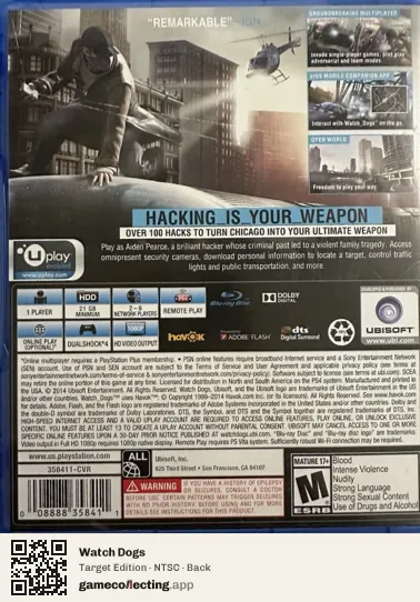Watch Dogs PlayStation 4, NTSC box back
