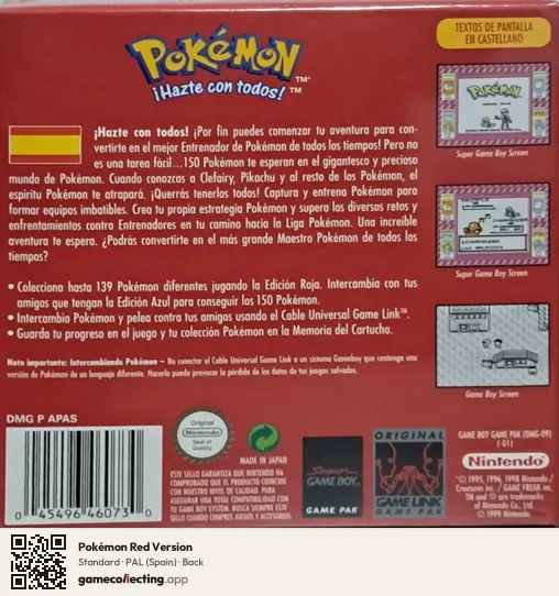 Pokémon Red Version Game Boy, Spain box back