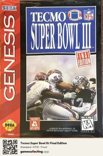 Tecmo Super Bowl III: Final Edition Sega Mega Drive / Genesis, NTSC box front