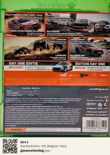 Dirt 4 Xbox One, Belgium box back