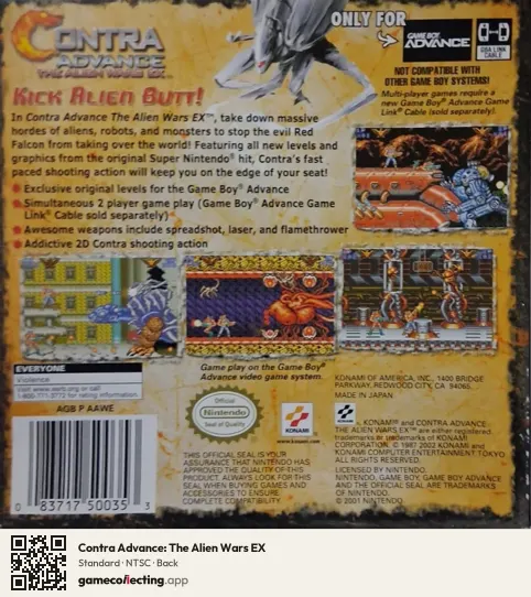 Contra Advance: The Alien Wars EX Game Boy Advance, NTSC box back