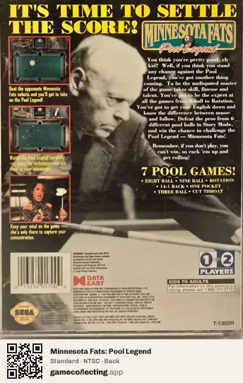 Minnesota Fats: Pool Legend Sega Saturn, NTSC box back