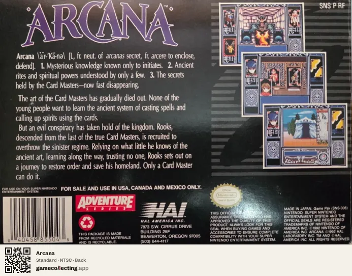 Arcana Super Nintendo Entertainment System, NTSC box back