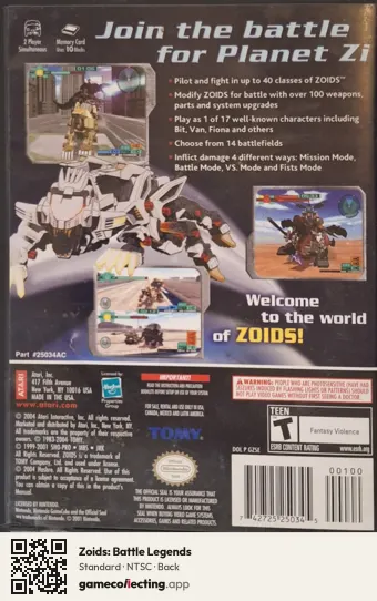Zoids: Battle Legends Nintendo GameCube, NTSC box back