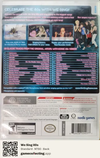 We Sing 80s Nintendo Wii, NTSC box back