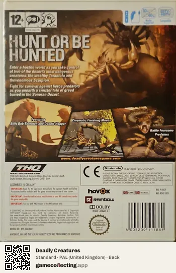 Deadly Creatures Nintendo Wii, United Kingdom box back
