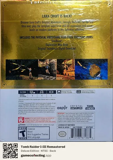 Tomb Raider I-III Remastered Nintendo Switch, NTSC box back