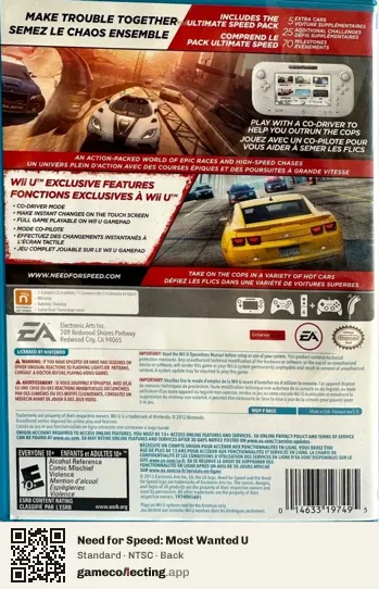 Need for Speed: Most Wanted U Nintendo Wii U, NTSC box back