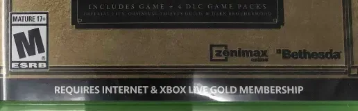 The Elder Scrolls Online: Tamriel Unlimited, the ESRB box on its front