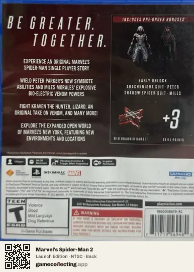 Marvel's Spider-Man 2 PlayStation 5, NTSC box back