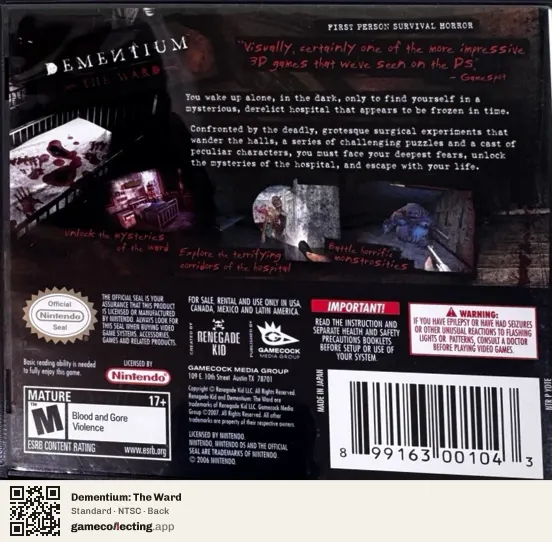 Dementium: The Ward Nintendo DS, NTSC box back