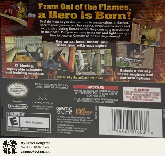 My Hero: Firefighter Nintendo DS, NTSC box back