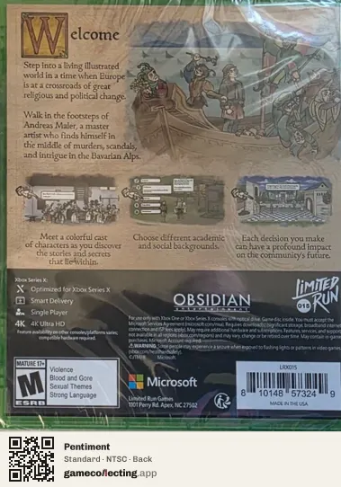 Pentiment Xbox Series X, NTSC box back