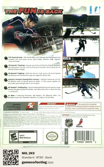 NHL 2K9 Nintendo Wii, NTSC box back