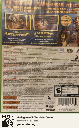 Madagascar 3: The Video Game Xbox 360, NTSC box back