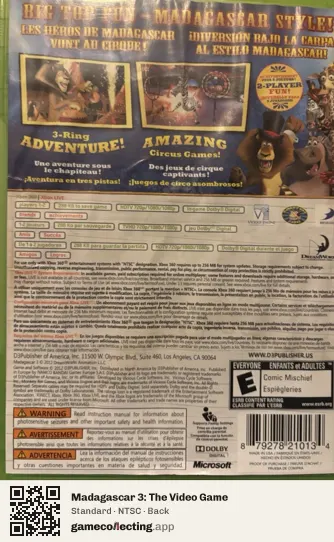 Madagascar 3: The Video Game Xbox 360, NTSC box back