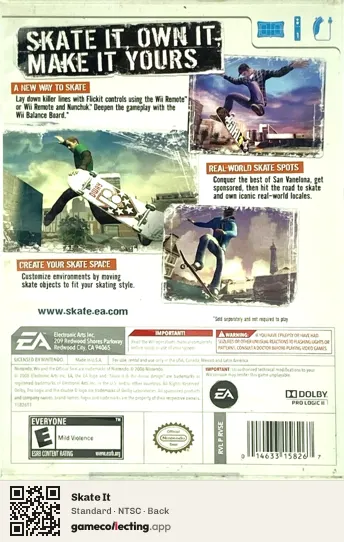 Skate It Nintendo Wii, NTSC box back