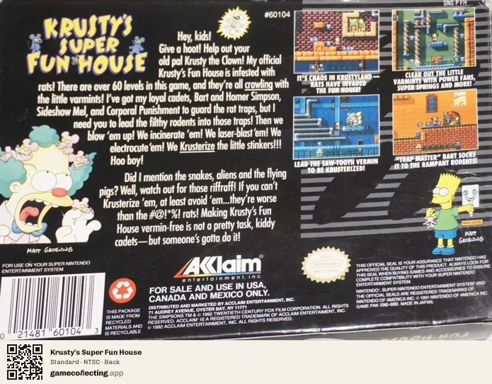 Krusty's Super Fun House Super Nintendo Entertainment System, NTSC box back