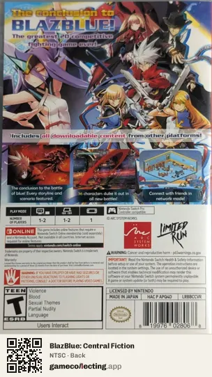 BlazBlue: Central Fiction Nintendo Switch, NTSC box back