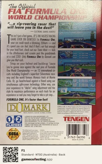 F1 Sega Mega Drive / Genesis, Australia box back