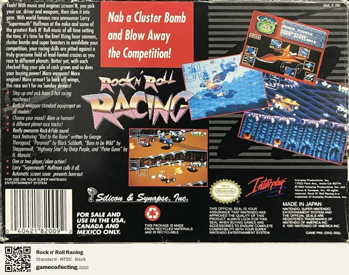 Rock n' Roll Racing Super Nintendo Entertainment System, NTSC box back