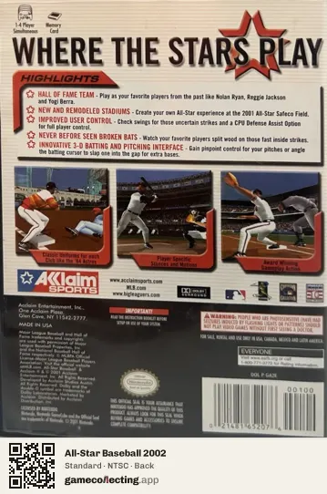 All-Star Baseball 2002 Nintendo GameCube, NTSC box back
