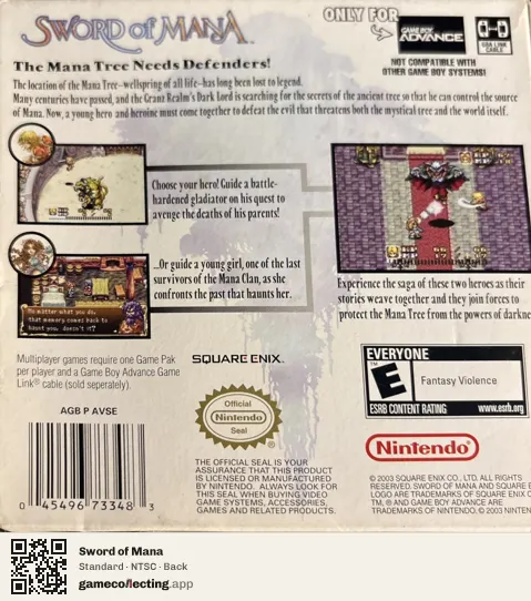 Sword of Mana Game Boy Advance, NTSC box back