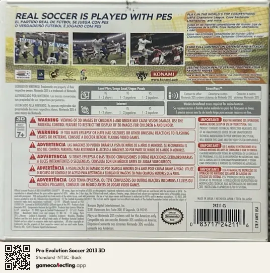 Pro Evolution Soccer 2013 3D Nintendo 3DS, NTSC box back