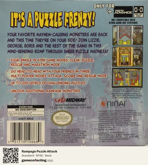 Rampage Puzzle Attack Game Boy Advance, NTSC box back