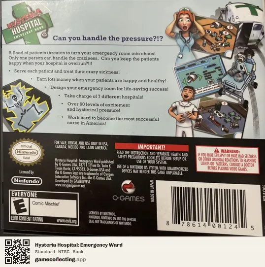 Hysteria Hospital: Emergency Ward Nintendo DS, NTSC box back