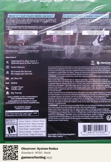 Observer: System Redux Xbox Series X, NTSC box back