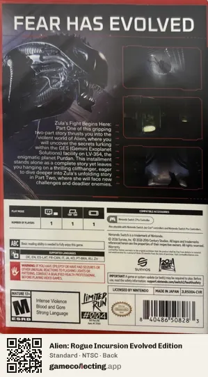 Alien: Rogue Incursion Evolved Edition Nintendo Switch 2, NTSC box back