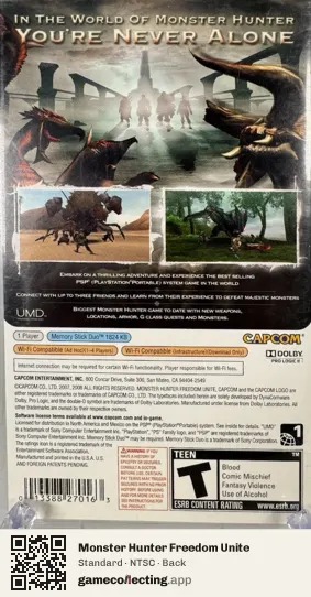 Monster Hunter Freedom Unite PlayStation Portable, NTSC box back