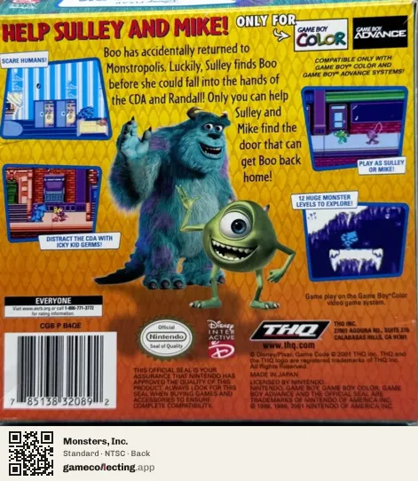 Monsters, Inc. Game Boy Color, NTSC box back