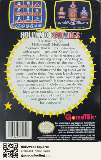 Hollywood Squares Nintendo Entertainment System, NTSC box back